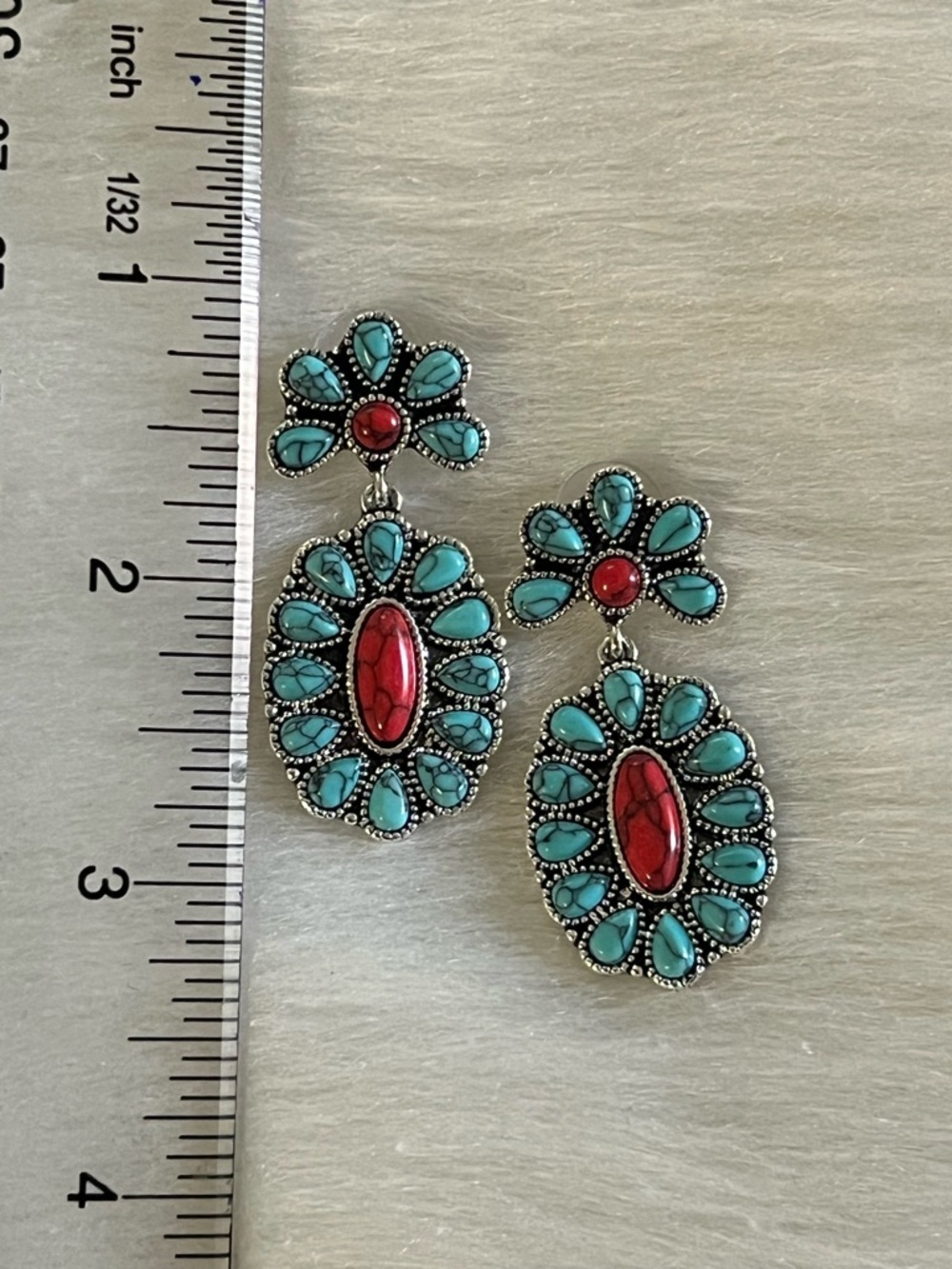 Turquoise and Red Floral Drop Earrings - Women's Jewelry